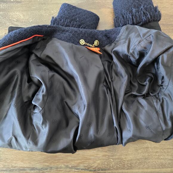 Tory Burch Navy Long Sleeve Tweed Fringe Cross Grain Blazer Sz 4 (708) - Picture 8 of 11